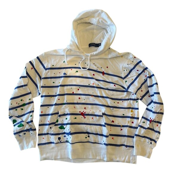 Polo Ralph Lauren Other - Polo Ralph Lauren Pullover Hoodie – L (White with Stripe & Paint Splatter Detail